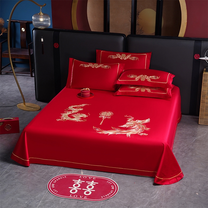 91家纺网 家纺一手货源 找家纺 千禧家纺 2024新款长绒棉绣花婚庆三件套 游龙戏凤