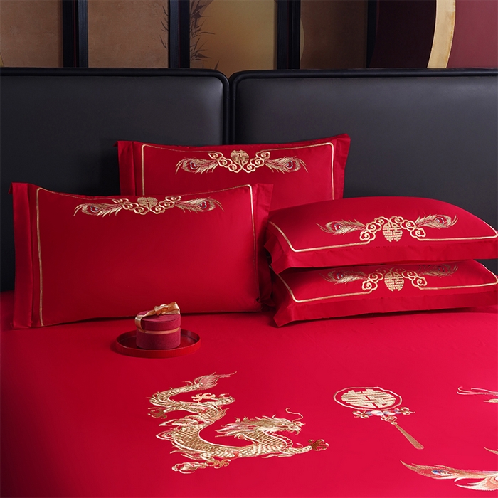 91家纺网 家纺一手货源 找家纺 千禧家纺 2024新款长绒棉绣花婚庆三件套 游龙戏凤