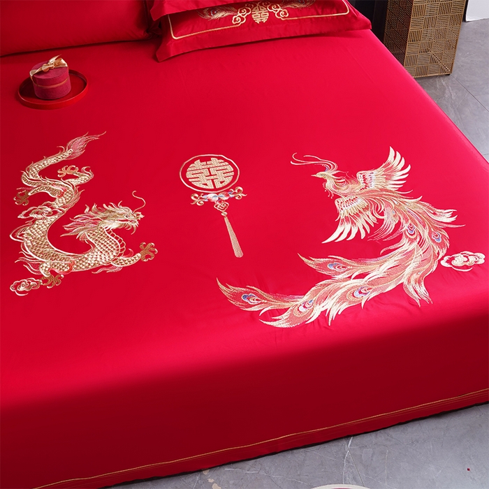 91家纺网 家纺一手货源 找家纺 千禧家纺 2024新款长绒棉绣花婚庆三件套 游龙戏凤