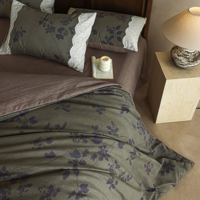 91家纺网 家纺一手货源 找家纺 迷尚家居 2025新款复古色织仿棉麻全棉花边四件套 颂青时-棉麻