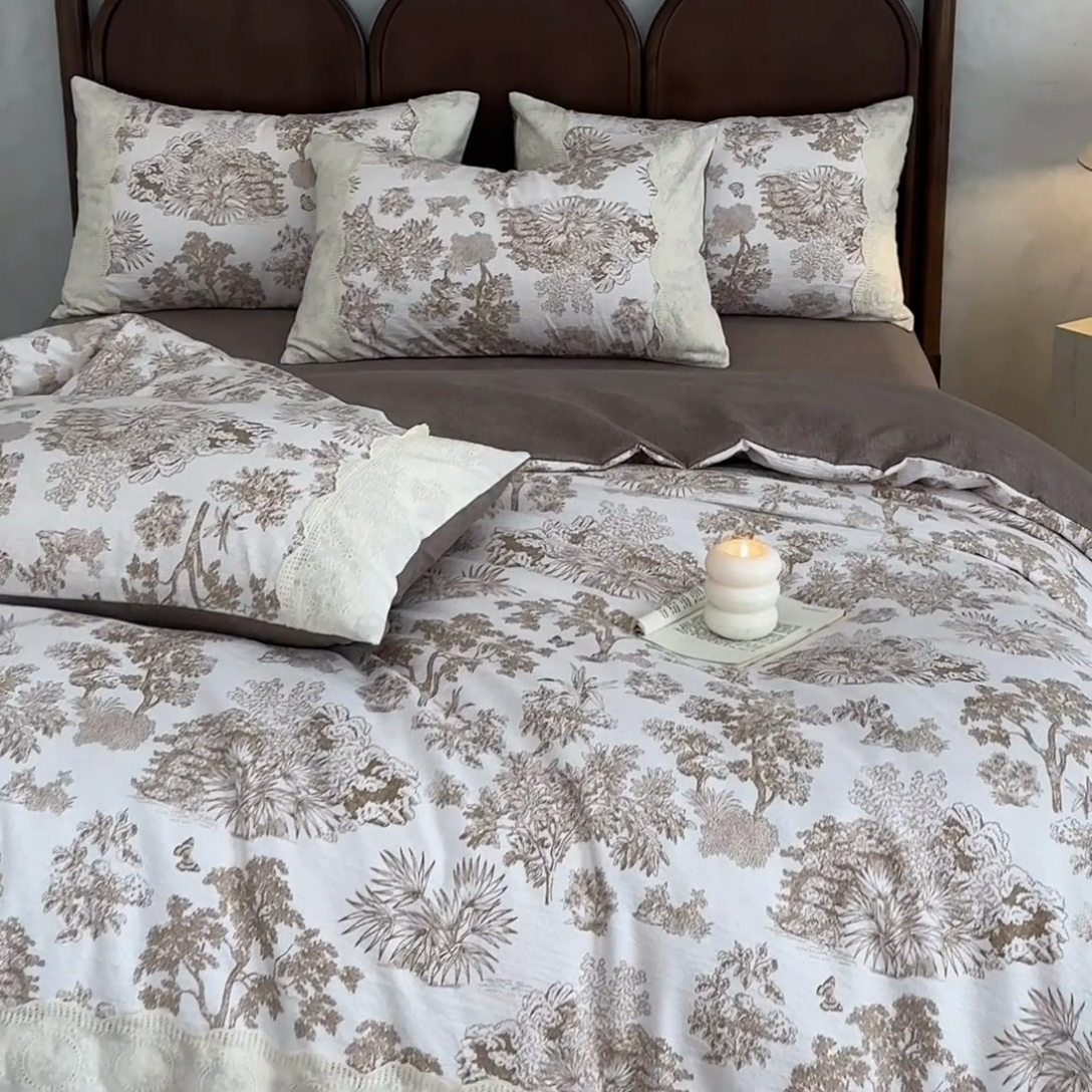 91家纺网 家纺一手货源 找家纺 迷尚家居 2025新款复古色织仿棉麻全棉花边四件套 迪奥咖-棉麻