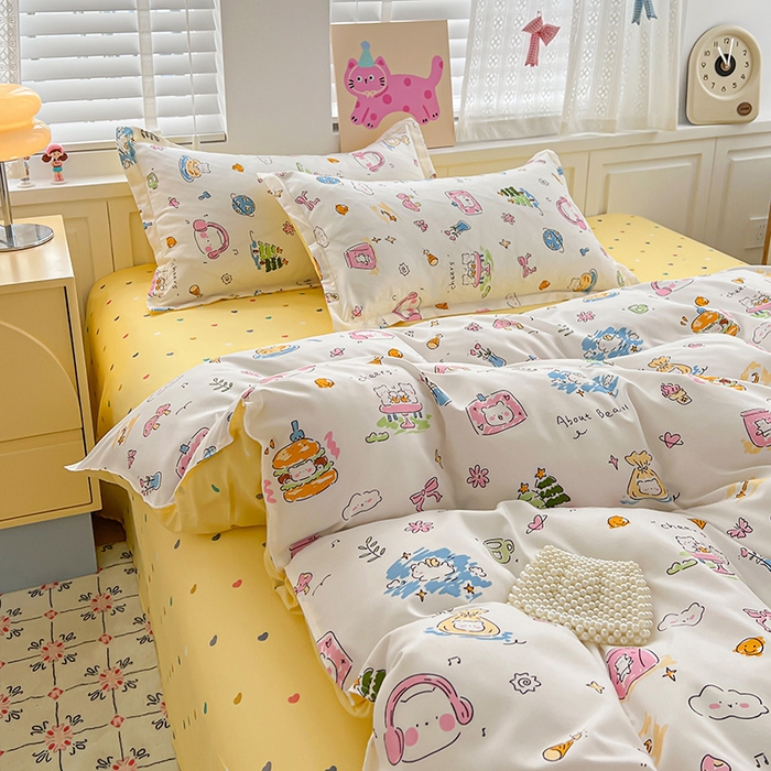 91家纺网 家纺一手货源 找家纺 布可家纺 2025新款水洗磨毛印花四件套 开心生活