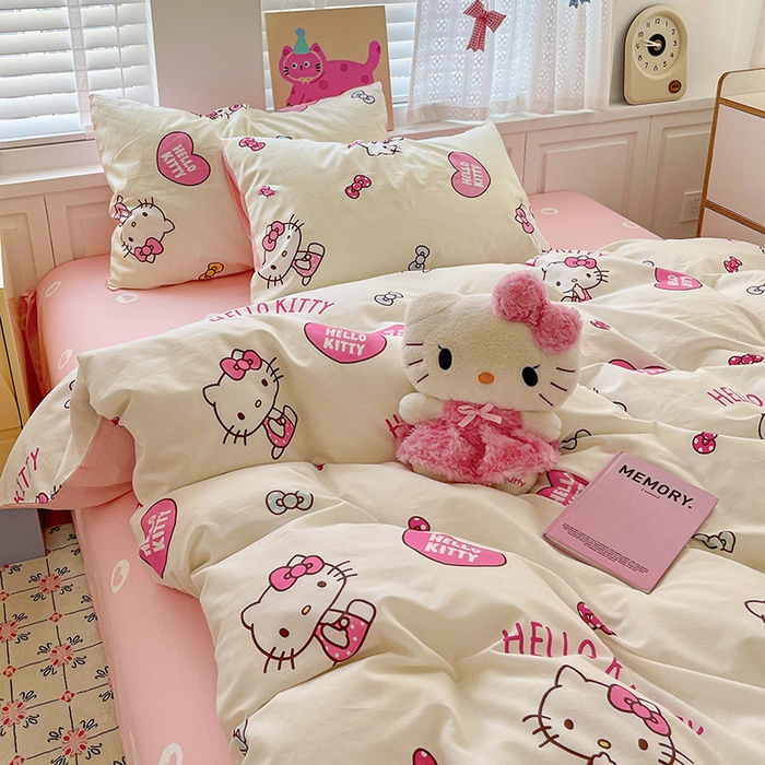 91家纺网 家纺一手货源 找家纺 布可家纺 2025新款水洗磨毛印花四件套 蝴蝶结KT