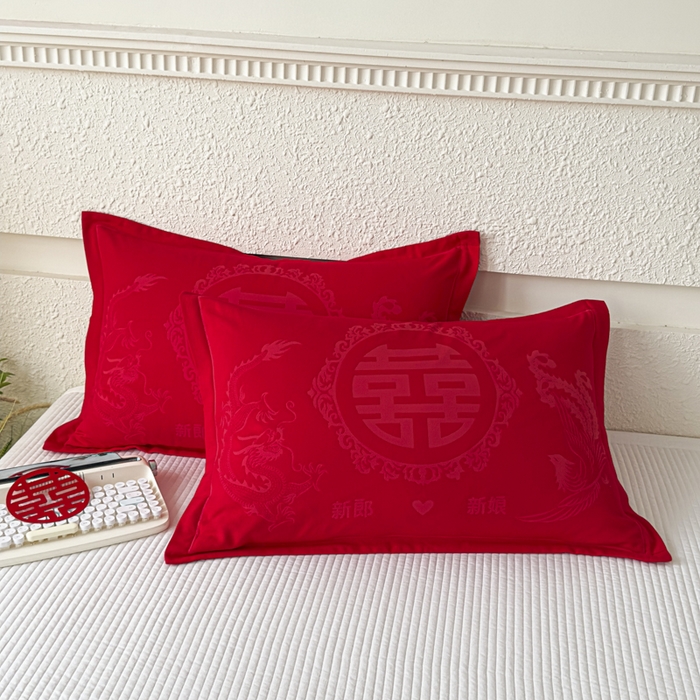 91家纺网 家纺一手货源 找家纺 悦然毛巾被 2025新款婚庆大红三层全棉纱布枕套 良缘似锦