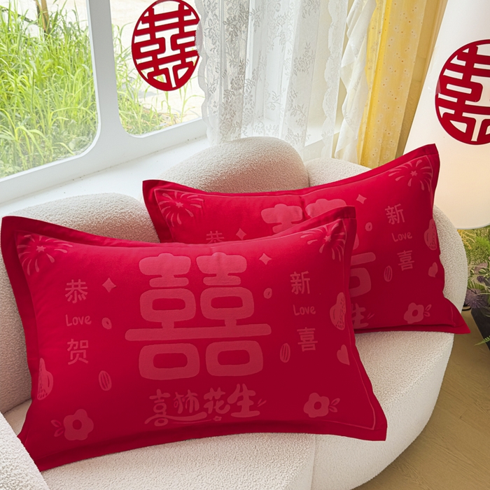 91家纺网 家纺一手货源 找家纺 悦然毛巾被 2025新款婚庆大红三层全棉纱布枕套 喜事花生