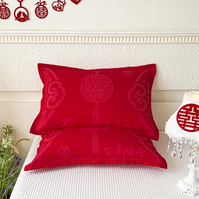 91家纺网 家纺一手货源 找家纺 悦然毛巾被 2025新款婚庆大红三层全棉纱布枕套 百年好合