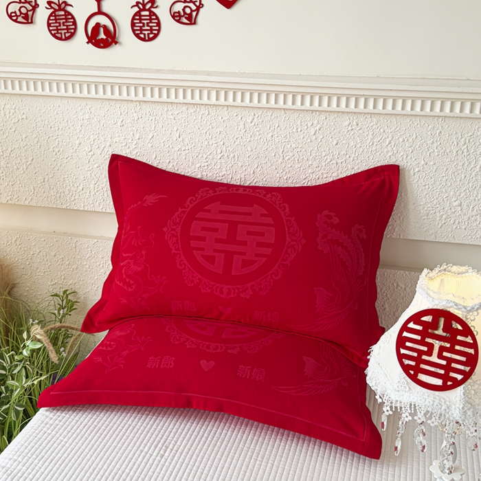 91家纺网 家纺一手货源 找家纺 悦然毛巾被 2025新款婚庆大红三层全棉纱布枕套 良缘似锦