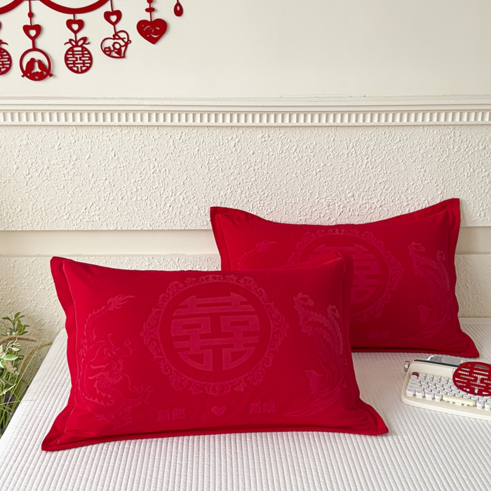 91家纺网 家纺一手货源 找家纺 悦然毛巾被 2025新款婚庆大红三层全棉纱布枕套 良缘似锦
