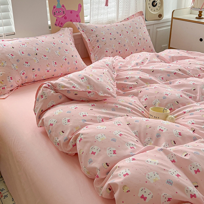 91家纺网 家纺一手货源 找家纺 布可家纺 2025新款水洗磨毛印花四件套 粉粉KT