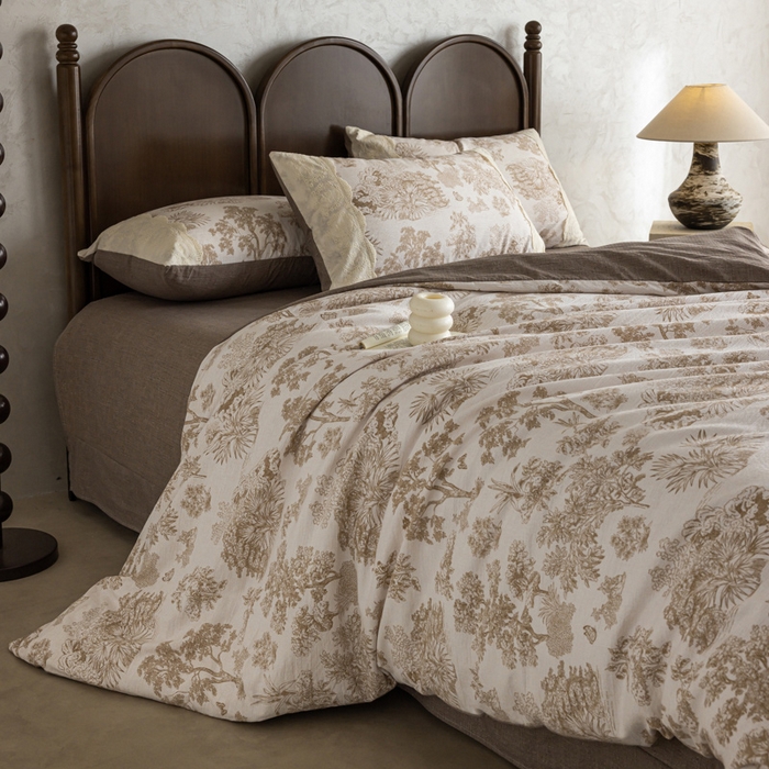 91家纺网 家纺一手货源 找家纺 迷尚家居 2025新款复古色织仿棉麻全棉花边四件套 迪奥咖-棉麻