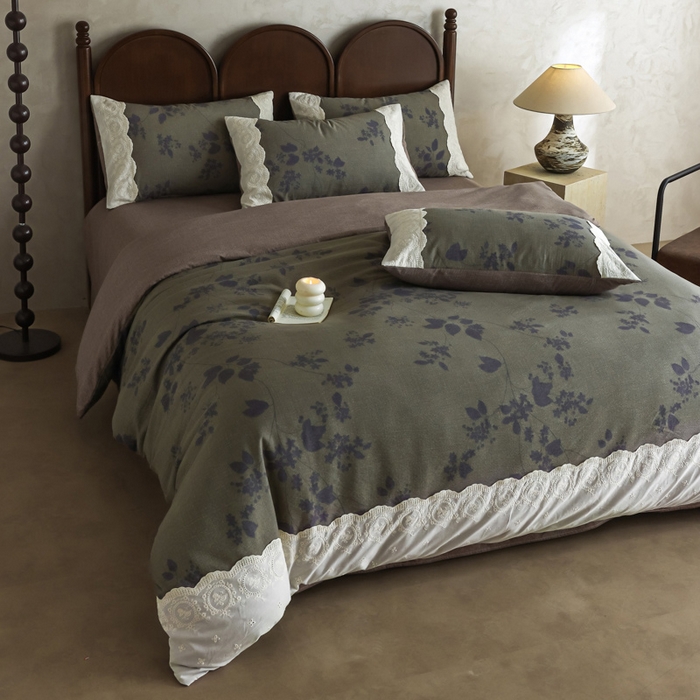 91家纺网 家纺一手货源 找家纺 迷尚家居 2025新款复古色织仿棉麻全棉花边四件套 颂青时-棉麻