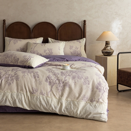 91家纺网 家纺一手货源 找家纺 （总）迷尚家居 2025新款复古色织仿棉麻全棉花边四件套