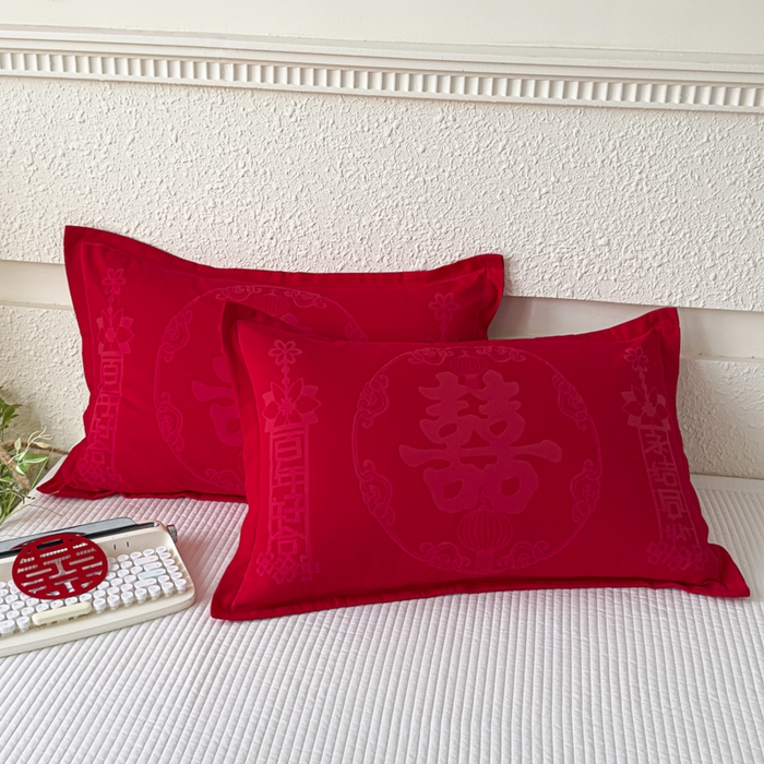 91家纺网 家纺一手货源 找家纺 悦然毛巾被 2025新款婚庆大红三层全棉纱布枕套 永结同心