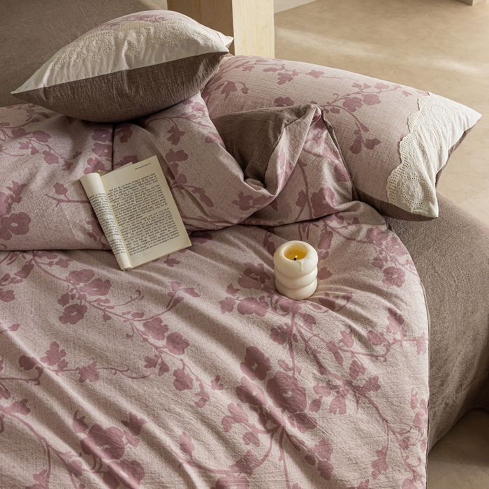 91家纺网 家纺一手货源 找家纺 迷尚家居 2025新款复古色织仿棉麻全棉花边四件套 俏颜-棉麻