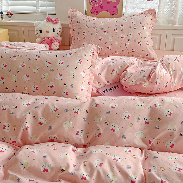 91家纺网 家纺一手货源 找家纺 布可家纺 2025新款水洗磨毛印花四件套 粉粉KT