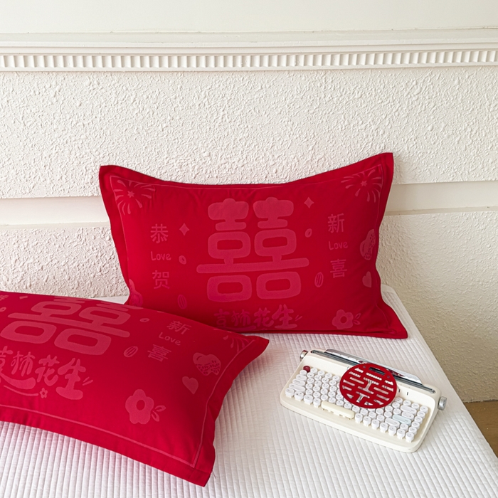 91家纺网 家纺一手货源 找家纺 悦然毛巾被 2025新款婚庆大红三层全棉纱布枕套 喜事花生