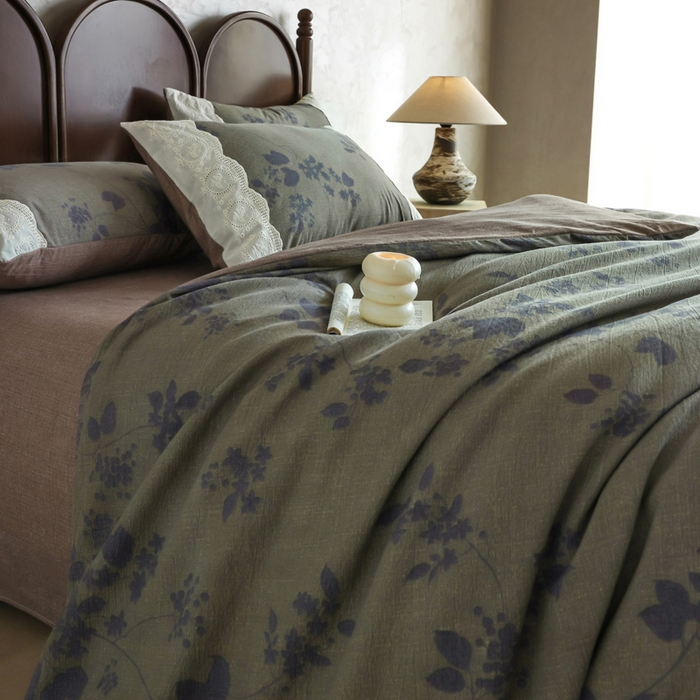 91家纺网 家纺一手货源 找家纺 迷尚家居 2025新款复古色织仿棉麻全棉花边四件套 颂青时-棉麻