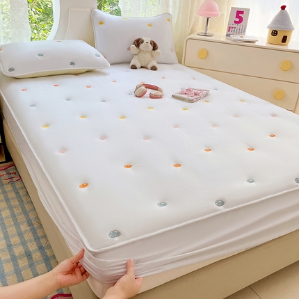 圣比熊 2025新款水洗棉刺绣夹棉床笠床笠防滑床罩床垫保护套榻榻米宿舍三件套 蘑菇屋-本白色