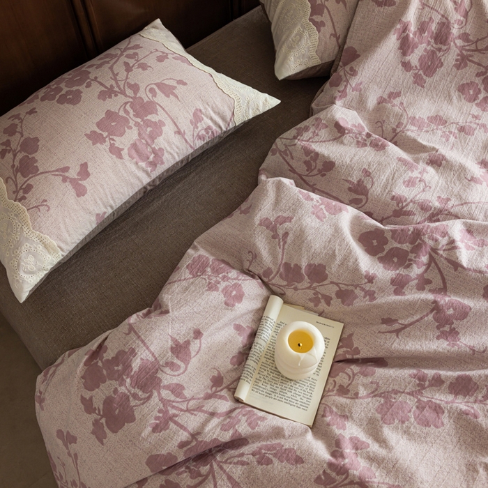 91家纺网 家纺一手货源 找家纺 迷尚家居 2025新款复古色织仿棉麻全棉花边四件套 俏颜-棉麻