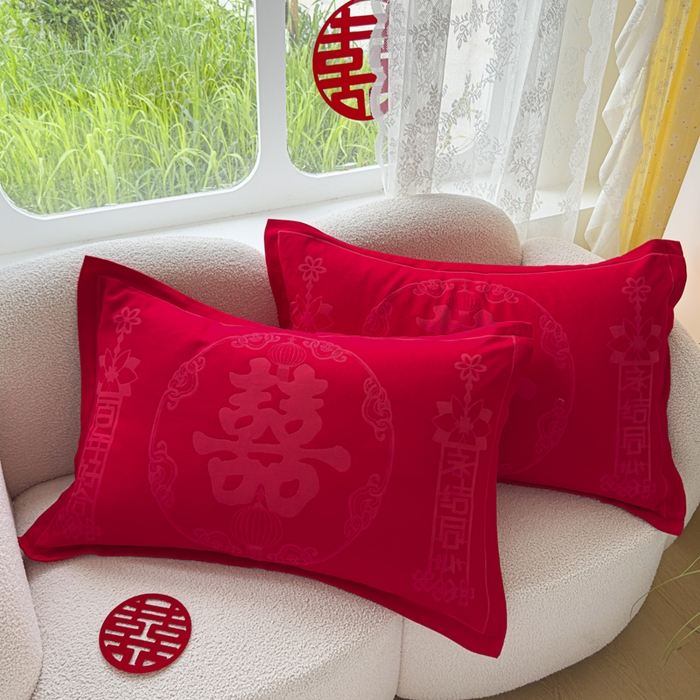 91家纺网 家纺一手货源 找家纺 悦然毛巾被 2025新款婚庆大红三层全棉纱布枕套 永结同心