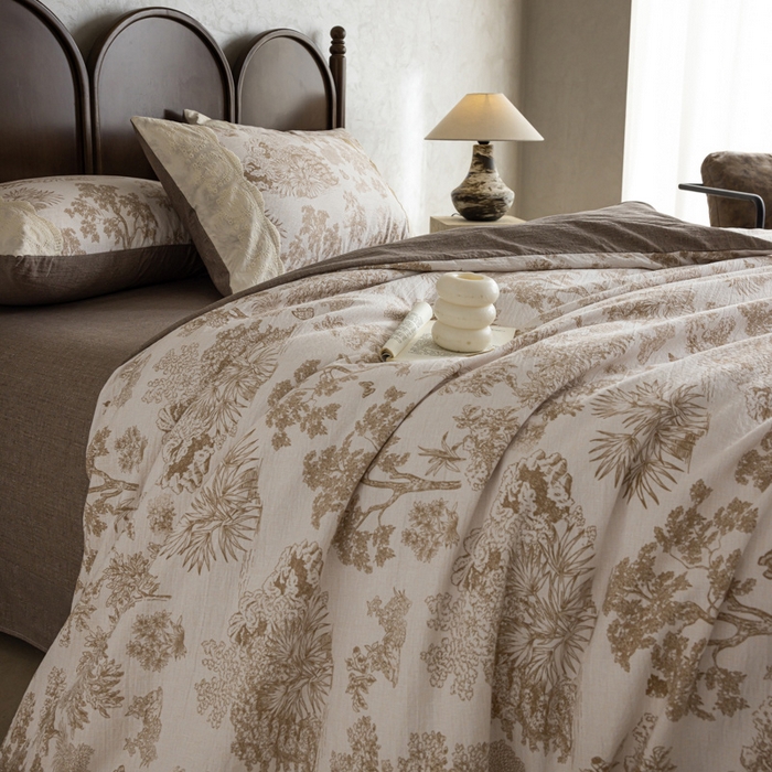 91家纺网 家纺一手货源 找家纺 迷尚家居 2025新款复古色织仿棉麻全棉花边四件套 迪奥咖-棉麻