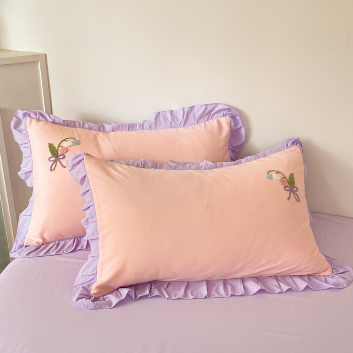 91家纺网 家纺一手货源 找家纺 易禾家纺 2025新款韩版小清新毛巾绣水洗棉四件套学生宿舍三件套铃兰小兔系列（专板花型） 铃兰小兔-粉紫