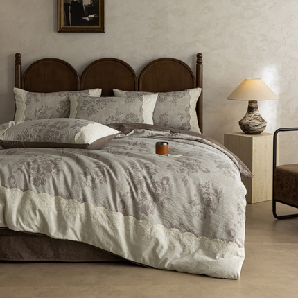 迷尚家居 2025新款复古色织仿棉麻全棉花边四件套 风木槿咖-棉麻