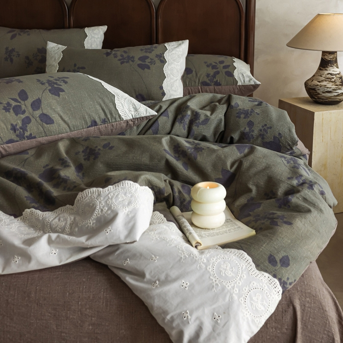 91家纺网 家纺一手货源 找家纺 迷尚家居 2025新款复古色织仿棉麻全棉花边四件套 颂青时-棉麻