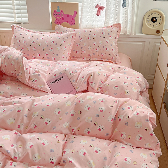 91家纺网 家纺一手货源 找家纺 布可家纺 2025新款水洗磨毛印花四件套 粉粉KT