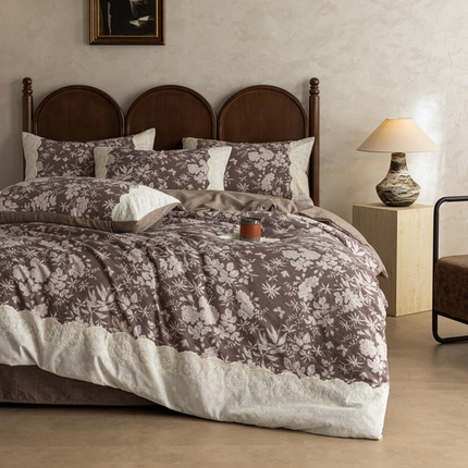 迷尚家居 2025新款复古色织仿棉麻全棉花边四件套 枫林晚-棉麻