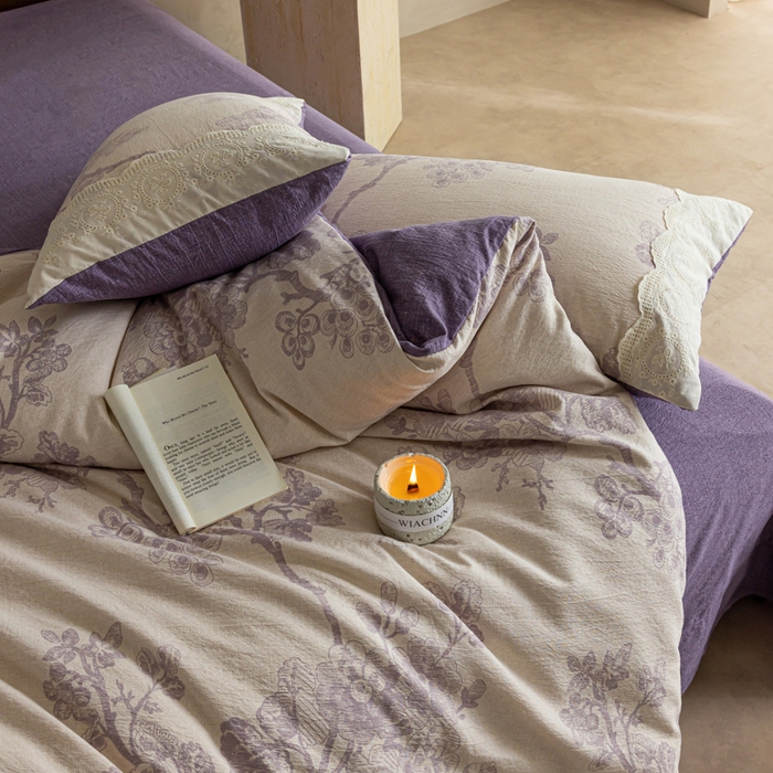 91家纺网 家纺一手货源 找家纺 迷尚家居 2025新款复古色织仿棉麻全棉花边四件套 砚秋紫-棉麻