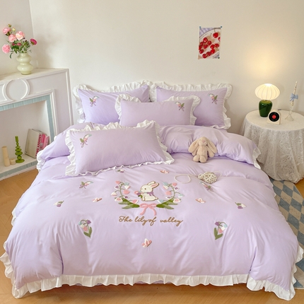 91家纺网 家纺一手货源 找家纺 （总）易禾家纺 2025新款韩版小清新毛巾绣水洗棉四件套学生宿舍三件套铃兰小兔系列（专板花型）