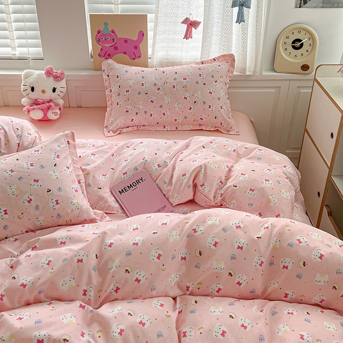 91家纺网 家纺一手货源 找家纺 布可家纺 2025新款水洗磨毛印花四件套 粉粉KT