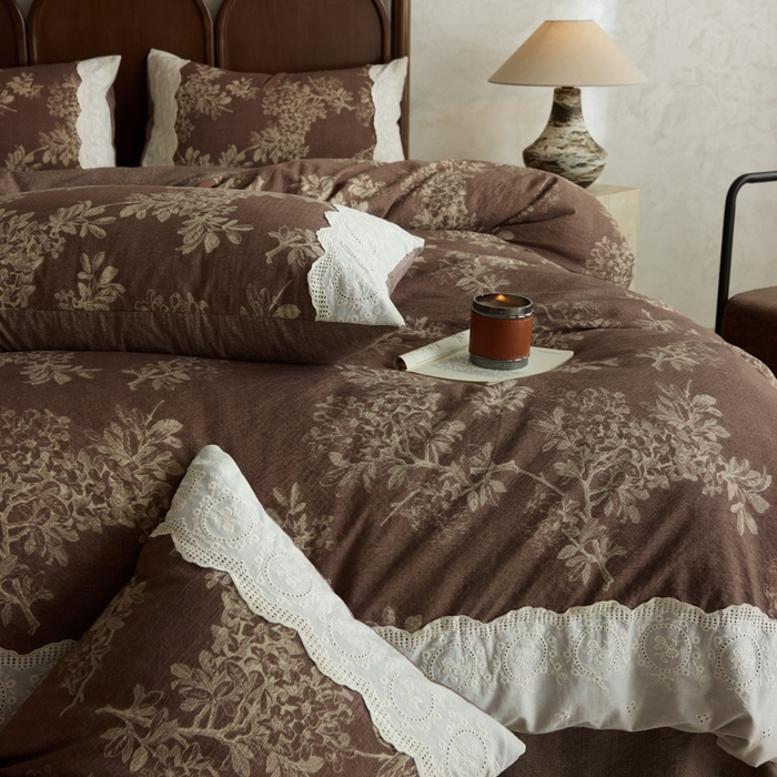 91家纺网 家纺一手货源 找家纺 迷尚家居 2025新款复古色织仿棉麻全棉花边四件套 锦瑟-棉麻