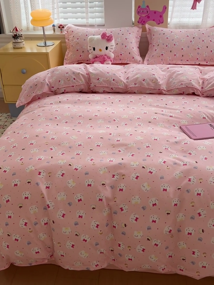 91家纺网 家纺一手货源 找家纺 布可家纺 2025新款水洗磨毛印花四件套 粉粉KT