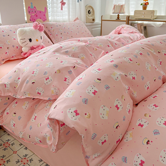 91家纺网 家纺一手货源 找家纺 布可家纺 2025新款水洗磨毛印花四件套 粉粉KT