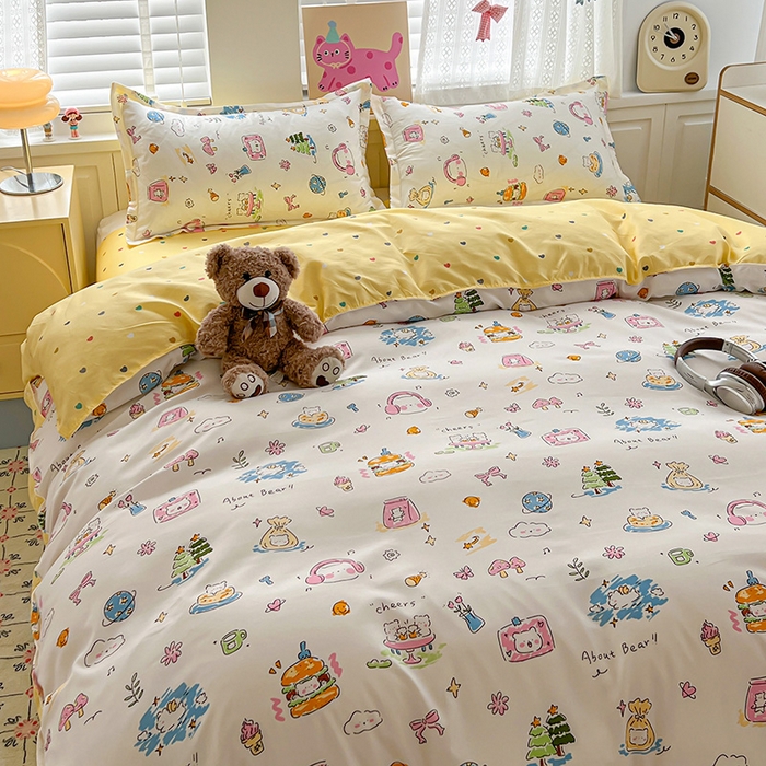 91家纺网 家纺一手货源 找家纺 布可家纺 2025新款水洗磨毛印花四件套 开心生活