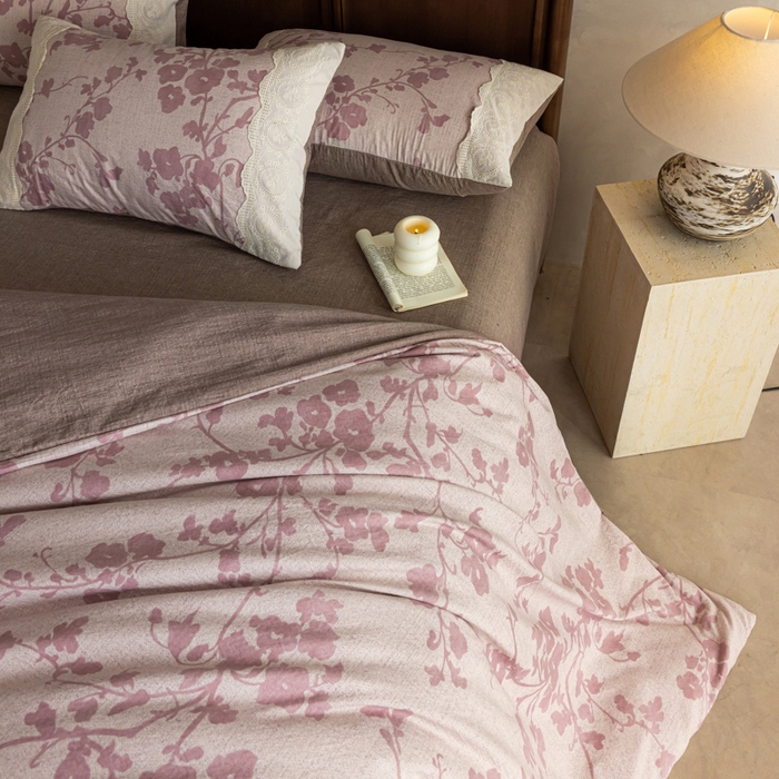 91家纺网 家纺一手货源 找家纺 迷尚家居 2025新款复古色织仿棉麻全棉花边四件套 俏颜-棉麻