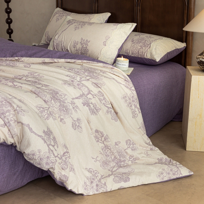 91家纺网 家纺一手货源 找家纺 迷尚家居 2025新款复古色织仿棉麻全棉花边四件套 砚秋紫-棉麻