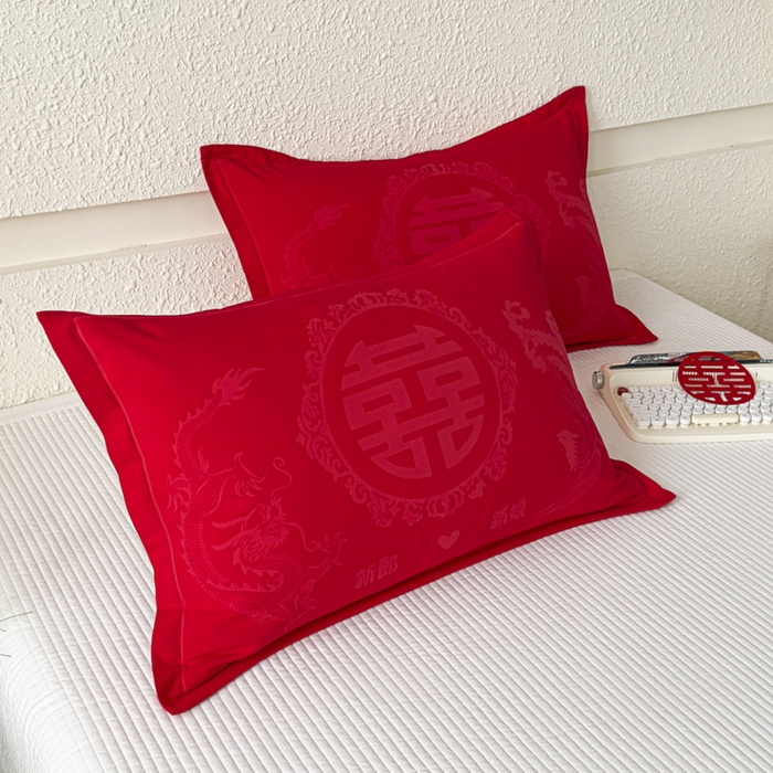 91家纺网 家纺一手货源 找家纺 悦然毛巾被 2025新款婚庆大红三层全棉纱布枕套 良缘似锦