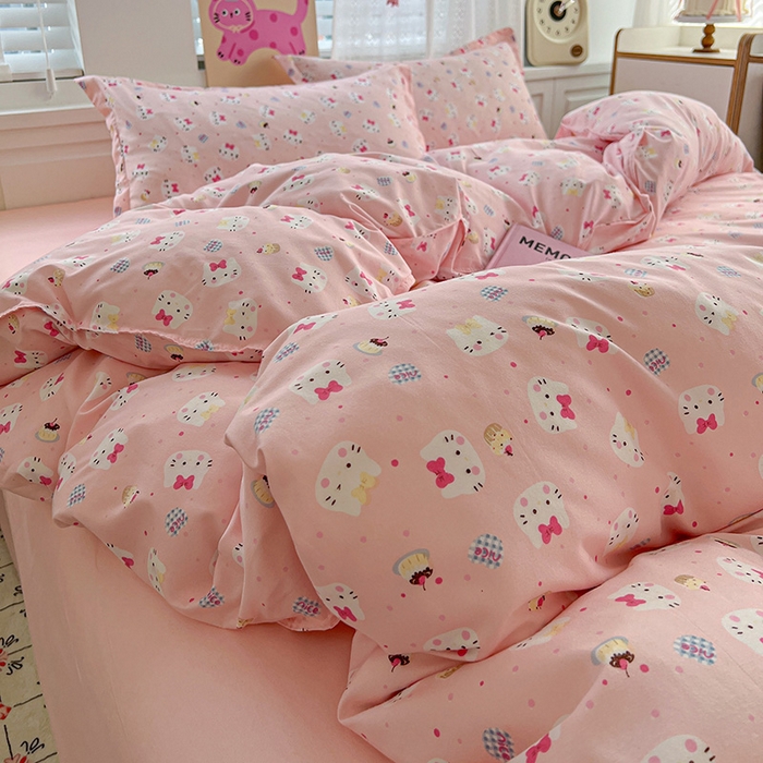 91家纺网 家纺一手货源 找家纺 布可家纺 2025新款水洗磨毛印花四件套 粉粉KT