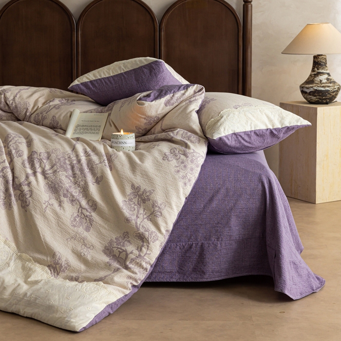 91家纺网 家纺一手货源 找家纺 迷尚家居 2025新款复古色织仿棉麻全棉花边四件套 砚秋紫-棉麻