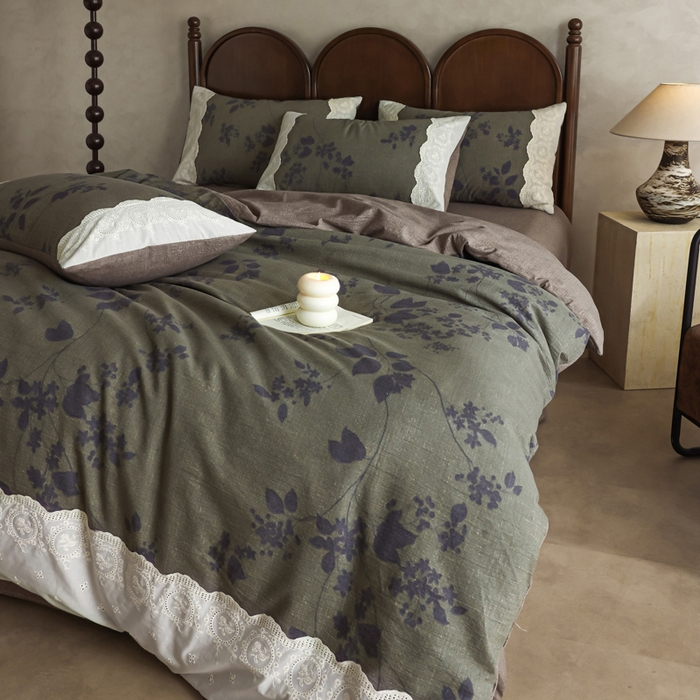 91家纺网 家纺一手货源 找家纺 迷尚家居 2025新款复古色织仿棉麻全棉花边四件套 颂青时-棉麻