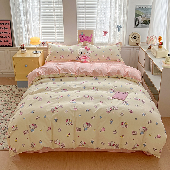 91家纺网 家纺一手货源 找家纺 布可家纺 2025新款水洗磨毛印花四件套 甜筒KT