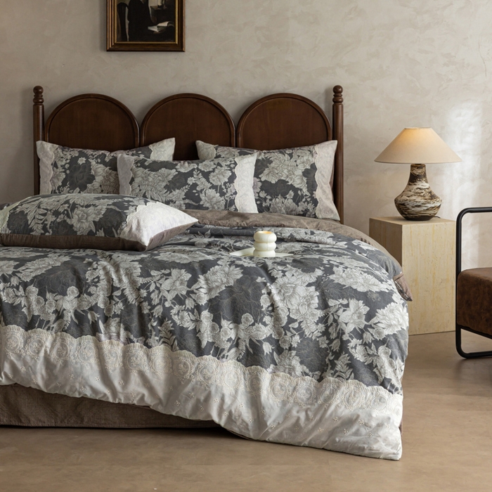 91家纺网 家纺一手货源 找家纺 迷尚家居 2025新款复古色织仿棉麻全棉花边四件套 玉环-棉麻