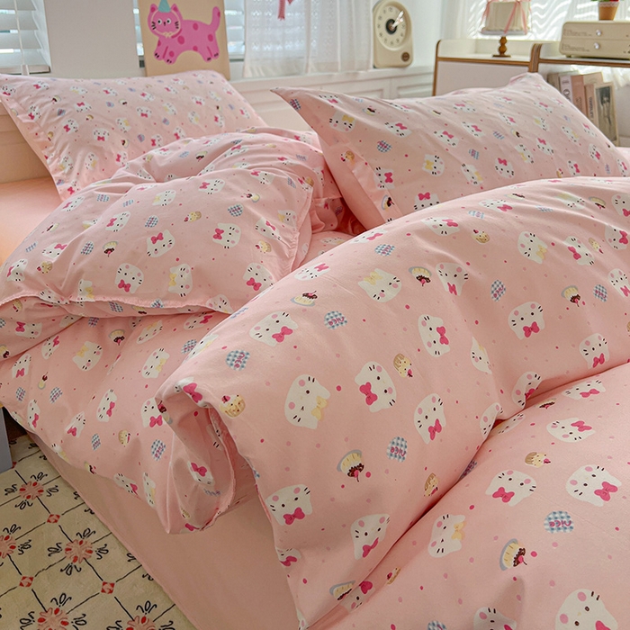 91家纺网 家纺一手货源 找家纺 布可家纺 2025新款水洗磨毛印花四件套 粉粉KT