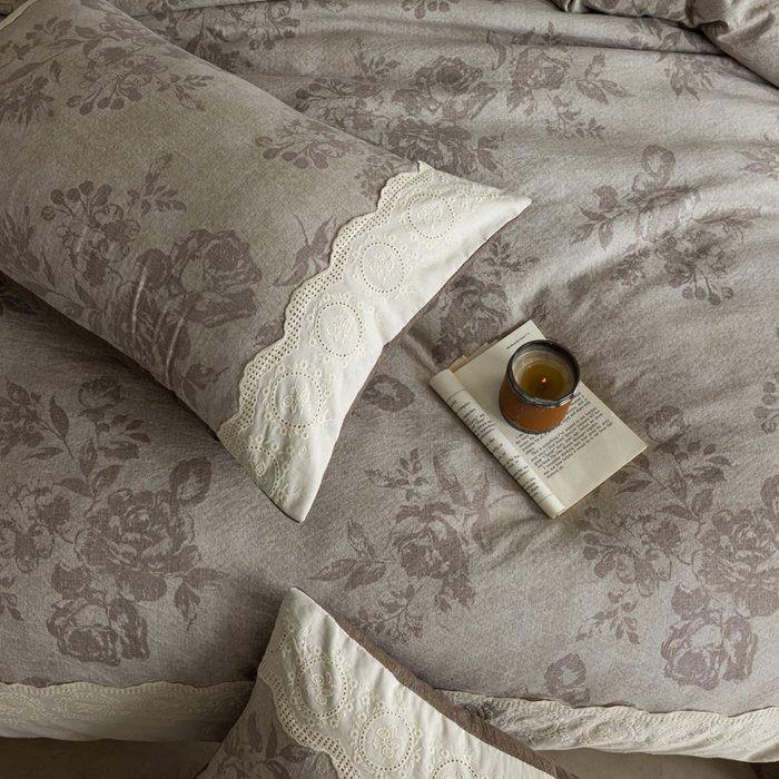 91家纺网 家纺一手货源 找家纺 迷尚家居 2025新款复古色织仿棉麻全棉花边四件套 风木槿咖-棉麻