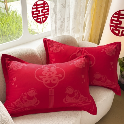 悦然毛巾被 2025新款婚庆大红三层全棉纱布枕套 欢喜鸳鸯