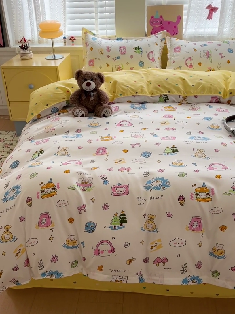 91家纺网 家纺一手货源 找家纺 布可家纺 2025新款水洗磨毛印花四件套 开心生活