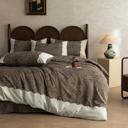 迷尚家居 2025新款复古色织仿棉麻全棉花边四件套 玉茗-棉麻